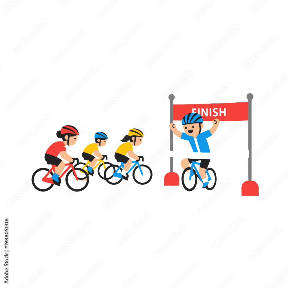 Fototapeta premium Children cycling race to finish line, happy winner crossing the banner, active lifestyle