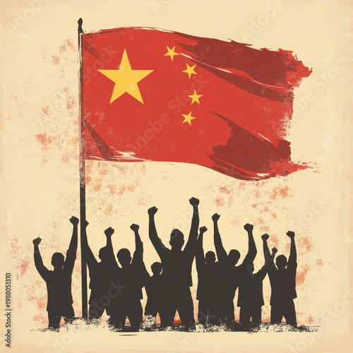 Red national flag above cheering crowd silhouette. Unity concept.