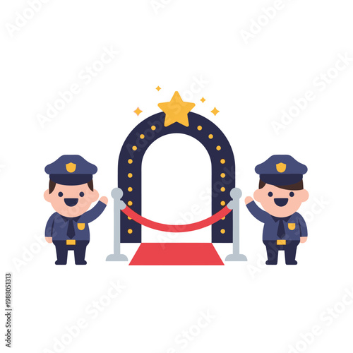 Cute police officers guarding a red carpet event entrance with star archway