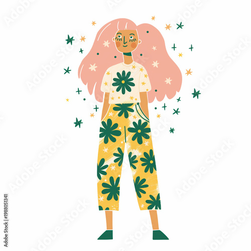 Playful girl in patterned outfit standing. Creative fashion concept.