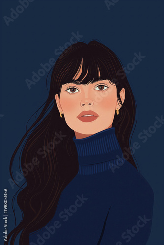 Young woman portrait illustration with turtleneck sweater. Modern concept.