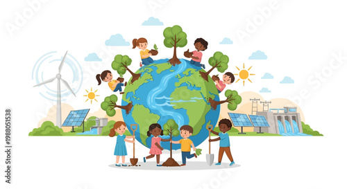 Illustrated Earth Day 2026 eco banner showcasing children planting trees around the globe, with solar panels, a wind turbine, and hydroelectric dam in the background, emphasizing