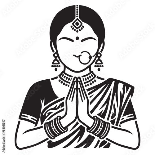 Indian woman in traditional clothing praying 1.