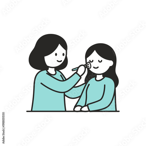 Woman applying makeup to another woman with brush, simple illustration, beauty, friendship