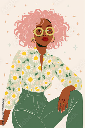 Stylish woman in floral blouse posing confidently. Empowerment concept.