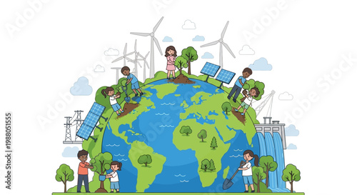 Celebrating Earth Day 2026, a vector illustration shows diverse people on a sustainable Earth Day eco banner with windmills, solar panels, and a hydroelectric dam against a clean white