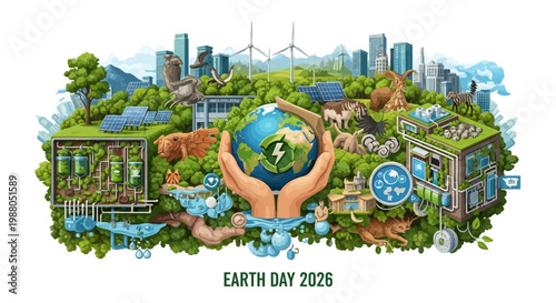 Illustrated Earth Day 2026 eco banner promoting sustainability, featuring hands cradling the Earth with wind turbines, solar panels, and green city buildings, set against a clean white