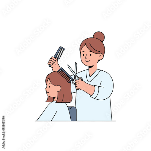 Hairdresser cutting hair of a young woman with scissors and comb, professional salon service
