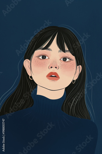 Cute girl portrait illustration with freckles on dark background. Youth beauty concept.