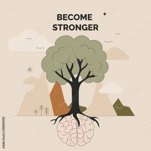 Дерево вырастает из мозга, символизируя силу духа. Горы и облака обрамляют сцену. Простые, землистые цвета создают спокойную энергию. Идеально подходит для мотивации или личностного роста.