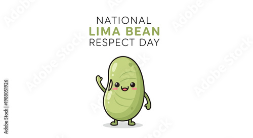 A cheerful lima bean character, designed as a vector illustration for National Lima Bean Respect Day, waves its hand against a clean white background, conveying a fun and lighthearted mood