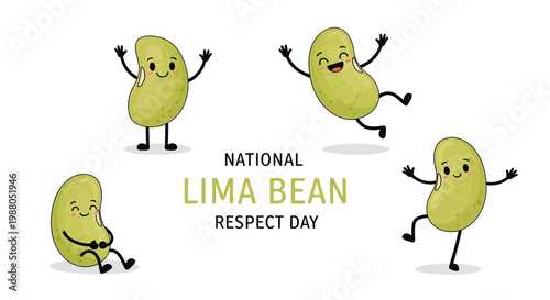 Celebratory vector illustration for National Lima Bean Respect Day featuring cheerful lima bean characters with happy expressions and dynamic poses on a clean white backdrop