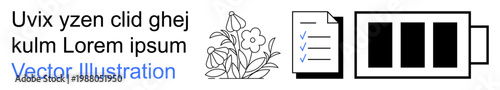 Energy efficiency, productivity, organization, creativity, sustainability, typography design. Black battery icon, checklist document flower sketch and placeholder text. Energy efficiency