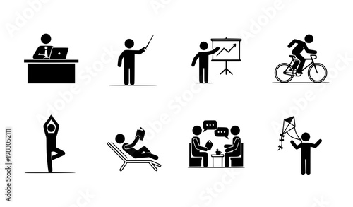 Stick figure activity icons vector business leisure black white set