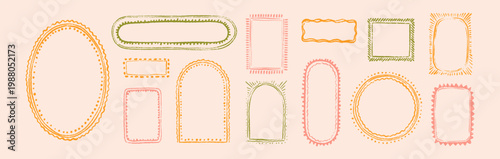 Hand drawn crayon sketch mosaic frames set. Summer postcard, Mediterranean beach, Italian wedding invitation, girly birthday greeting doodle pencil line border. Coastal, seaside vintage design element