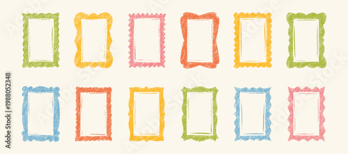 Whimsical rectangle pastel zigzag, scallop, curve, wavy border with quirky pencil hand drawn details. Wedding invitation, playful label, creative scrapbooking layout, kid birthday card, summer design