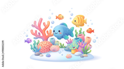 Vibrant cartoon underwater scene with cute colorful fish, coral reef, and sea plants. Adorable marine life illustration for kids.