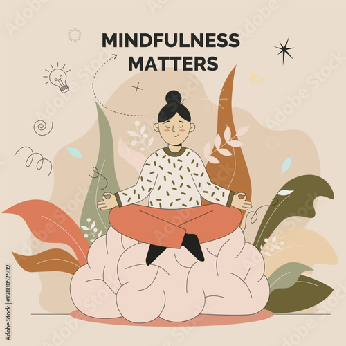 A tranquil figure meditates on a soft, cloud-like brain. The surrounding leaves and abstract symbols enhance the sense of tranquility.