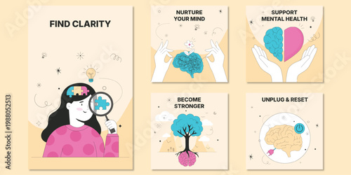 Five illustrated cards dedicated to health and well-being. A woman examines her mind through a magnifying glass. Her hands encircle a glowing brain, symbolizing mental health care. A tree grows from a