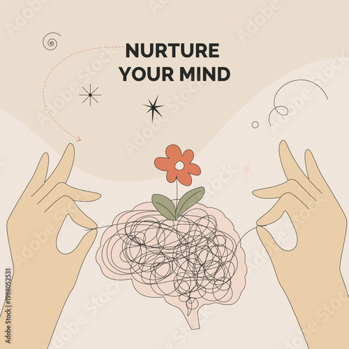 Two hands gently embrace a confused brain. A flower blooms from its center, symbolizing growth. Stars and swirls hover above, hinting at inner light. The illustration conveys themes of mindfulness and