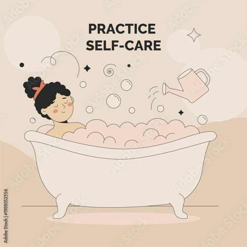 Gentle bubbles float around the relaxed girl in the bath. She smiles softly, eyes closed, enjoying the tranquility, awakening feelings of peace and self-love.