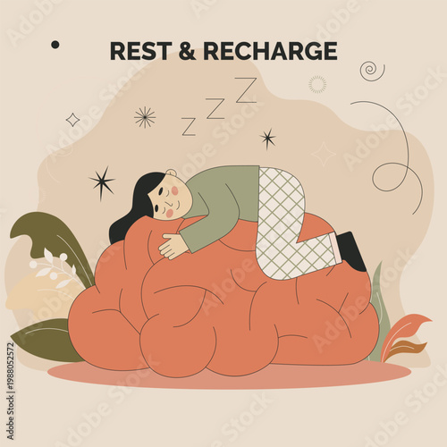 The man curled up peacefully on top of a huge, warm, soft brain.