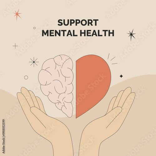 Hands cradle a brain and heart, symbolizing care.