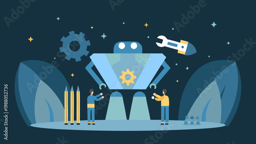 A robotic figure stands amidst a starry landscape being assembled by two people