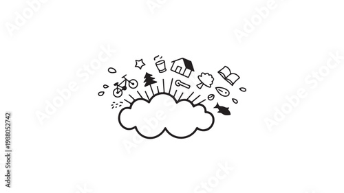 Cloud Computing and Lifestyle Icons Concept Vector with Household and Nature Symbols in Minimalist Line Art