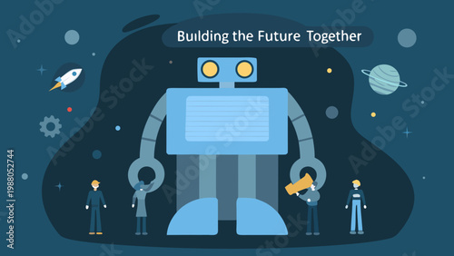 Illustration of a robot with people rockets and planets promoting future collaboration