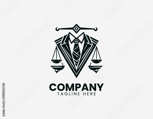 Black vector illustration of justice scales with formal suit and tie isolated on white background bold legal emblem design