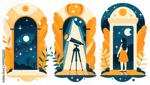 Three decorative arches reveal celestial scenes of stars a telescope and a contemplative figure