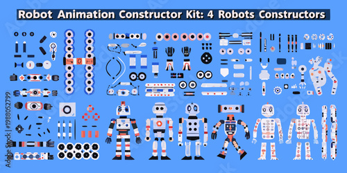 A colorful assortment of robot construction kit pieces and four assembled robots