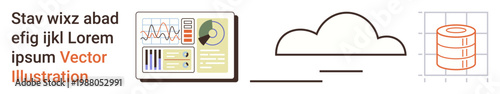 Cloud computing, data storage, analytics, technology interface, digital transformation, and software development. A cloud, database chart and analytics dashboard icons. Cloud computing and data