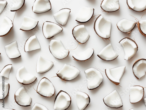 Scattered coconut pieces on white background. Tropical pattern concept.