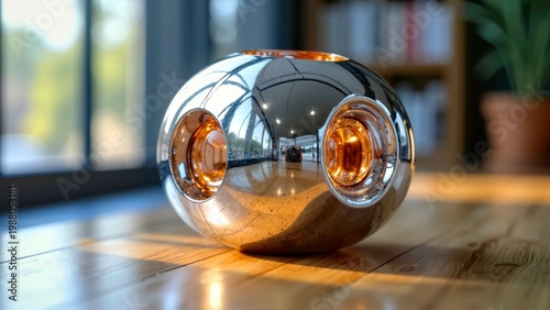 Spherical chrome and gold abstract sculpture
