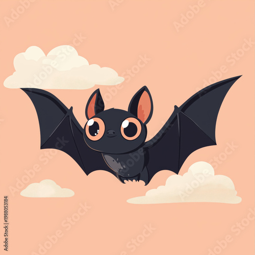 Cartoon bat flying among clouds on pastel sky. Halloween kids concept.