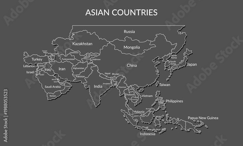 Detailed political map of Asian countries isolated on black background. Vector flat banner.