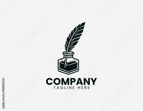 Classic black vector logo of a quill feather pen in an inkwell bottle for creative writing or legal signature.