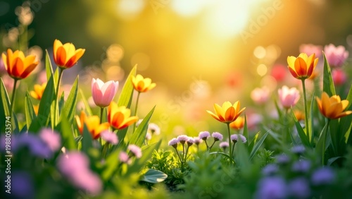 Yellow and Pink Tulips in Sunlit Garden Field