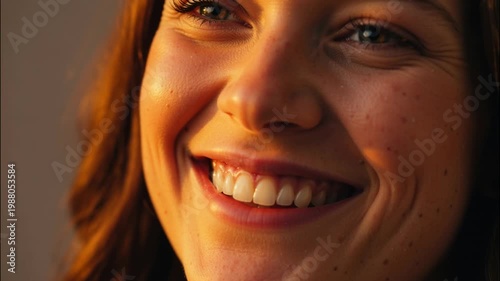 Close up of young woman smiling with white teeth and freckles. Happy female face in warm golden hour light. Dental health and skincare concept