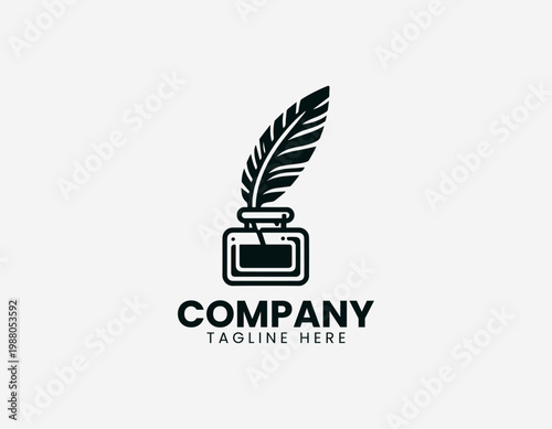 Classic black vector logo of a quill feather pen in an inkwell bottle for creative writing or legal signature.