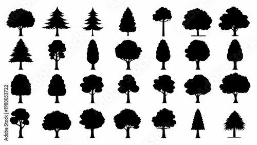 A collection of various tree silhouettes in black against a stark white background