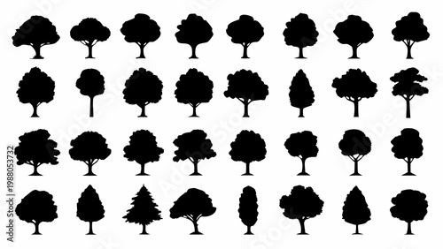 A collection of diverse tree silhouettes arranged in a grid pattern on a white background