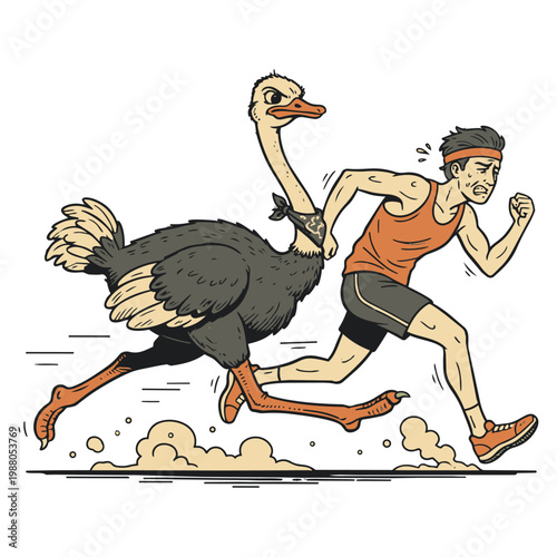 Man running with ostrich in motion.