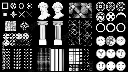 A collection of monochrome geometric shapes classical busts and decorative patterns