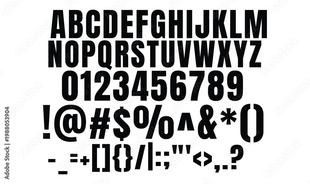 Obraz premium Bold Condensed Sans Serif Alphabet Numbers and Symbols Vector for Branding and Headline Design