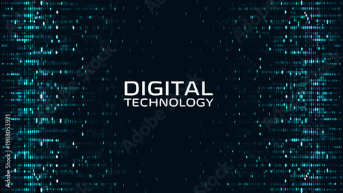 Abstract digital technology background featuring cascading binary code and the word digital