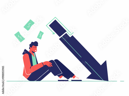 A dejected man sits as a large arrow points down towards him surrounded by falling money