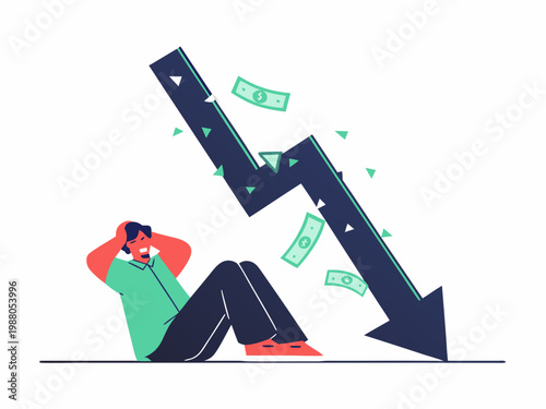 A distressed man sits beneath a sharply declining graph with falling money illustrating financial loss
